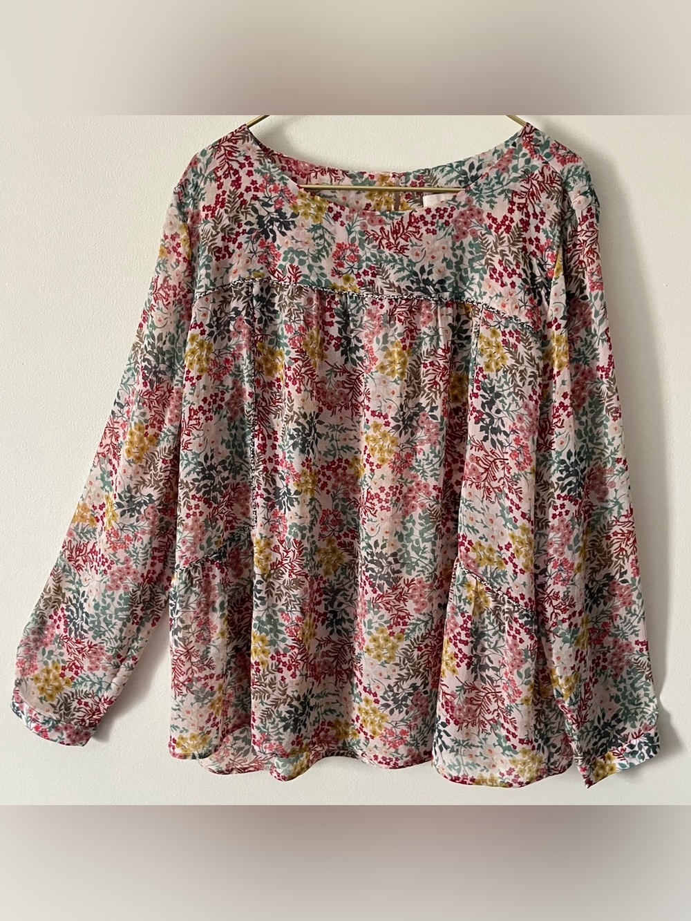 LOFT Floral Multicolor Semi-Sheer Lightweight Flowy Boho Peasant Blouse XL